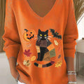 womens-lovely-halloween-cat-art-print-casual-pullover-sweater-k344