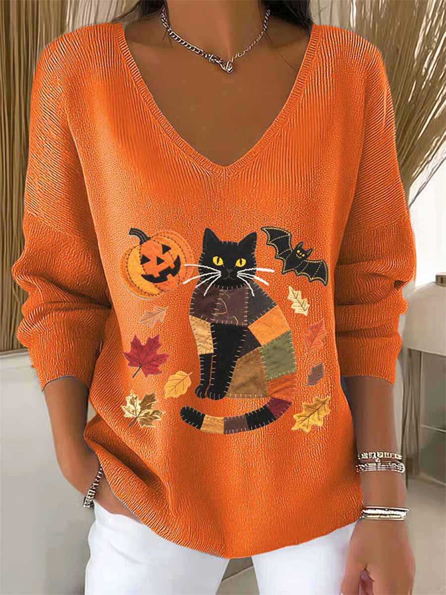 womens-lovely-halloween-cat-art-print-casual-pullover-sweater-k344