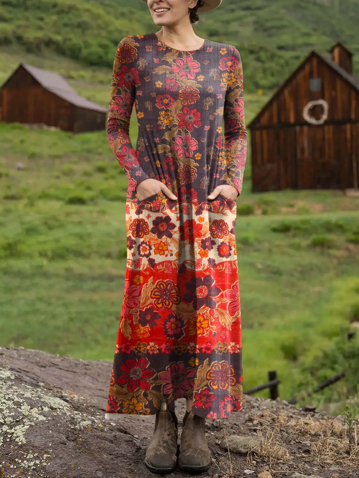 Women's Vintage Floral Art Print Casual Long-sleeved Dress