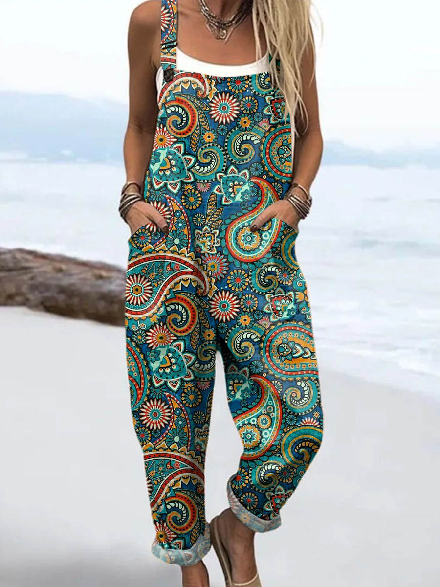 Women's Vintage Ethnic Pattern Art Print Casual 100% Cotton Wide Leg Jumpsuit
