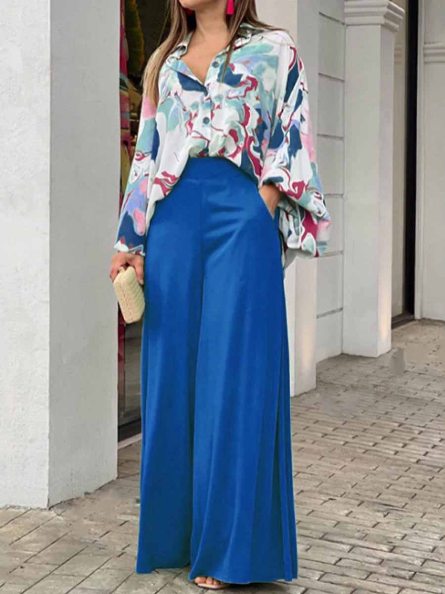 Women's Floral Art Print Loose Casual Shirt Wide-leg Pants Suit