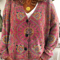 Women's Retro Flowers Totem Print Buttoned V-neck Cardigan Sweater