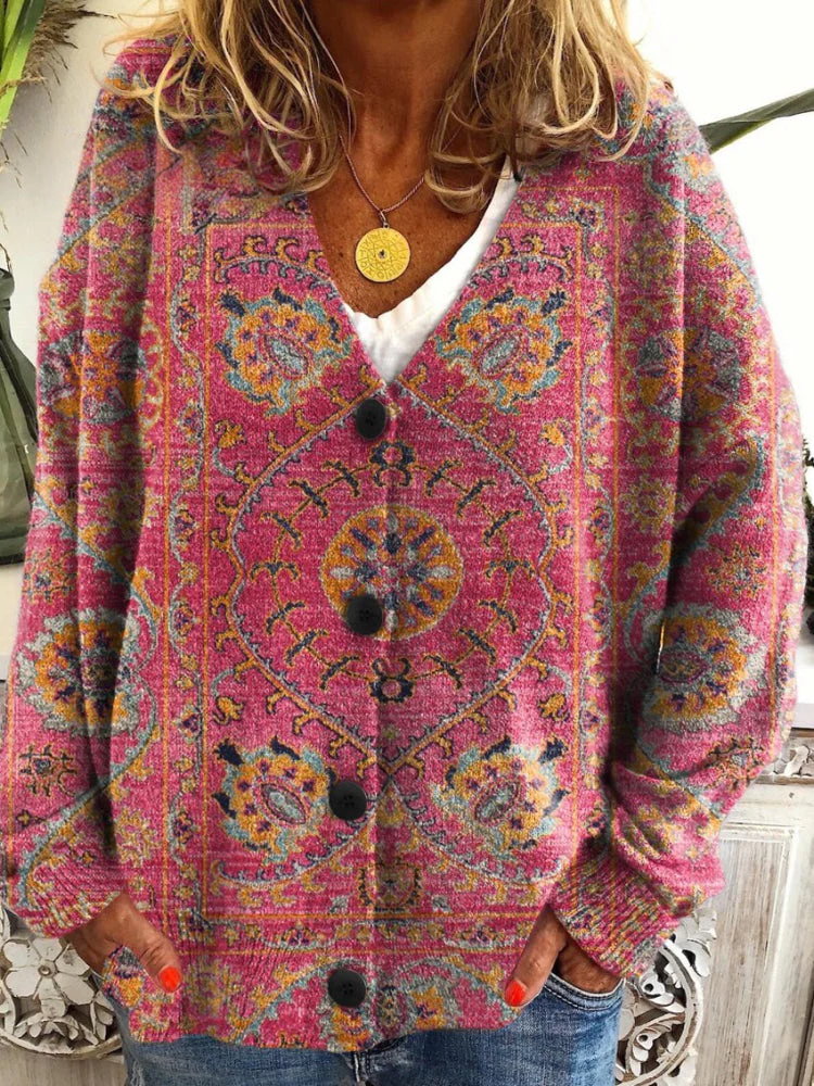 Women's Retro Flowers Totem Print Buttoned V-neck Cardigan Sweater