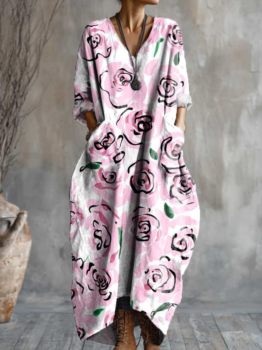 Women's Vintage Floral Art Pattern Print Pocket V-neck Cotton Dress