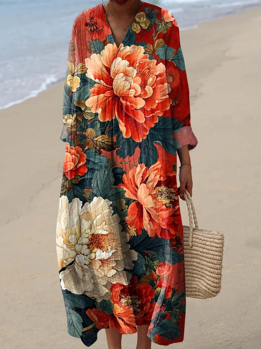 Women's Vintage Floral Pattern Art Print Cotton Dress