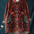 Women's Vintage Floral Peacock Pattern Art Print Casual Cotton And Linen Ruffle Shirt