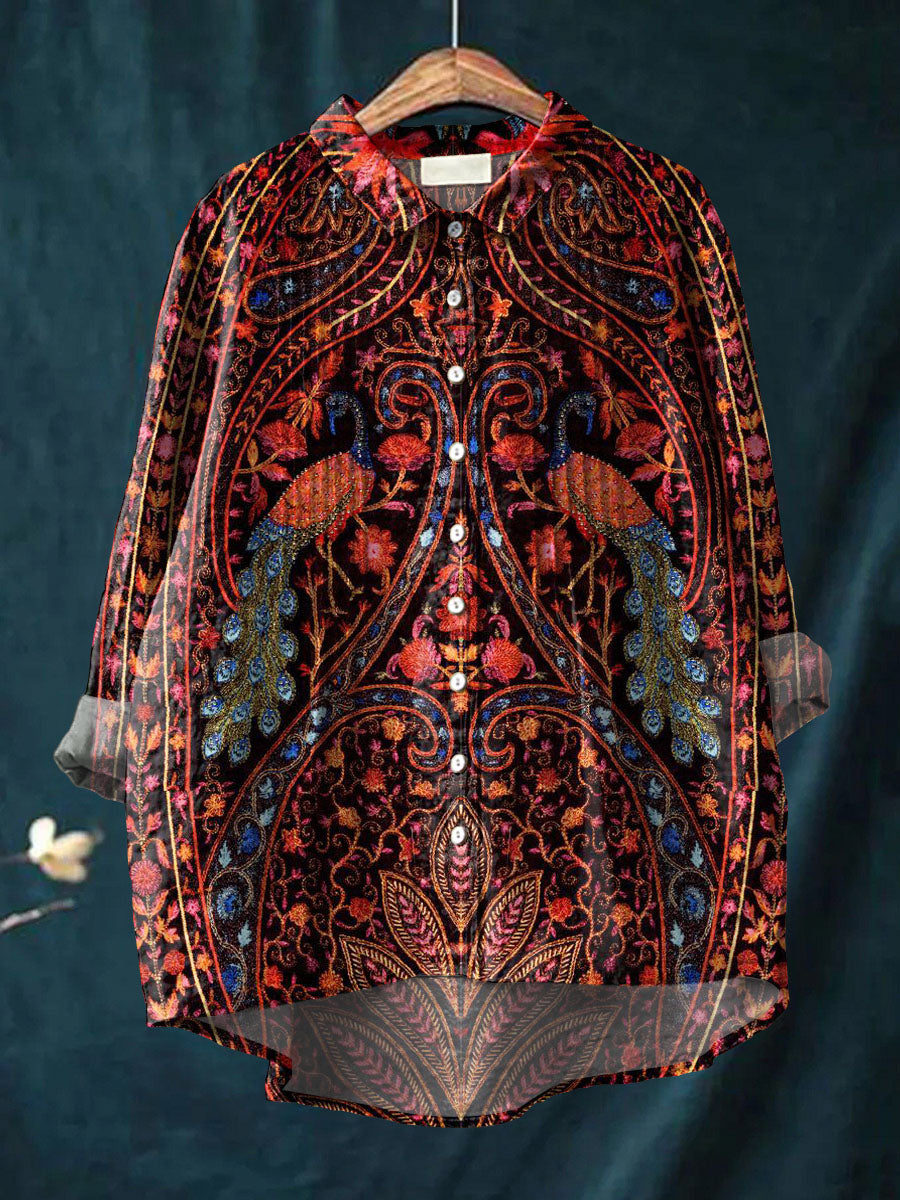 Women's Vintage Floral Peacock Pattern Art Print Casual Cotton And Linen Ruffle Shirt