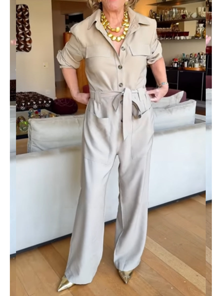 Women's Casual Cotton Long Sleeve Pocket Jumpsuit