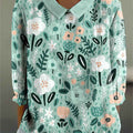 Women's Abstract Floral Pattern Print Casual Cotton And Linen 3/4 Sleeve Shirt