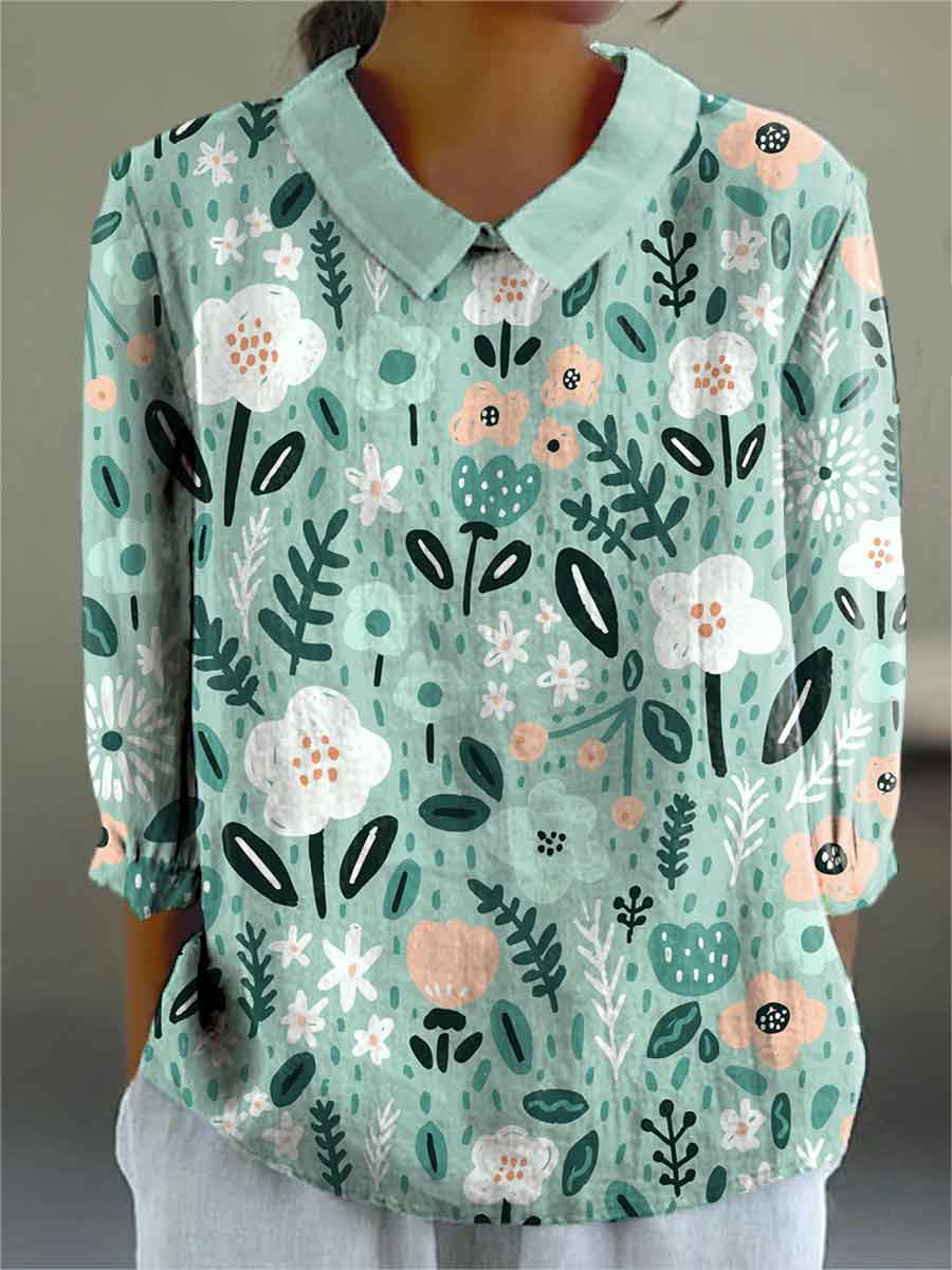 Women's Abstract Floral Pattern Print Casual Cotton And Linen 3/4 Sleeve Shirt