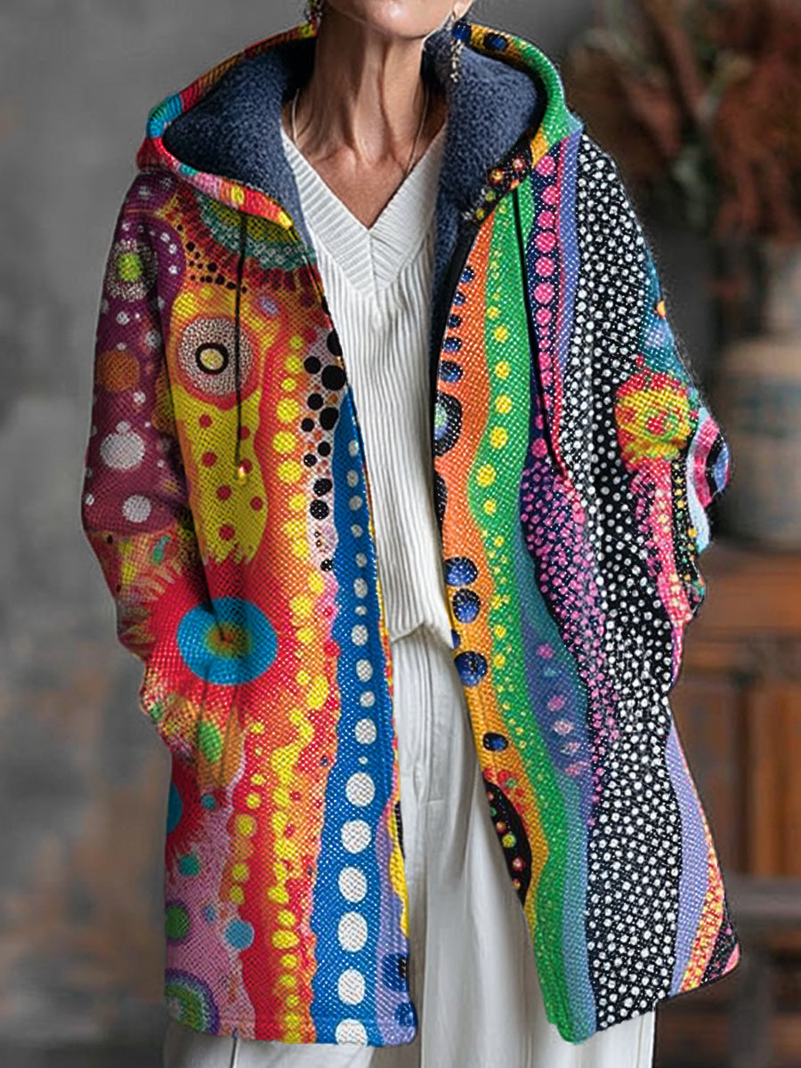 Abstract Colorful Stripes Polka Dot Painting Art Print Unisex Plush Thick Long-Sleeved Sweater Cardigan Coat