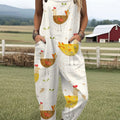 Women's  Funny Chicken Art Print Casual 100% Cotton Wide Leg Jumpsuit