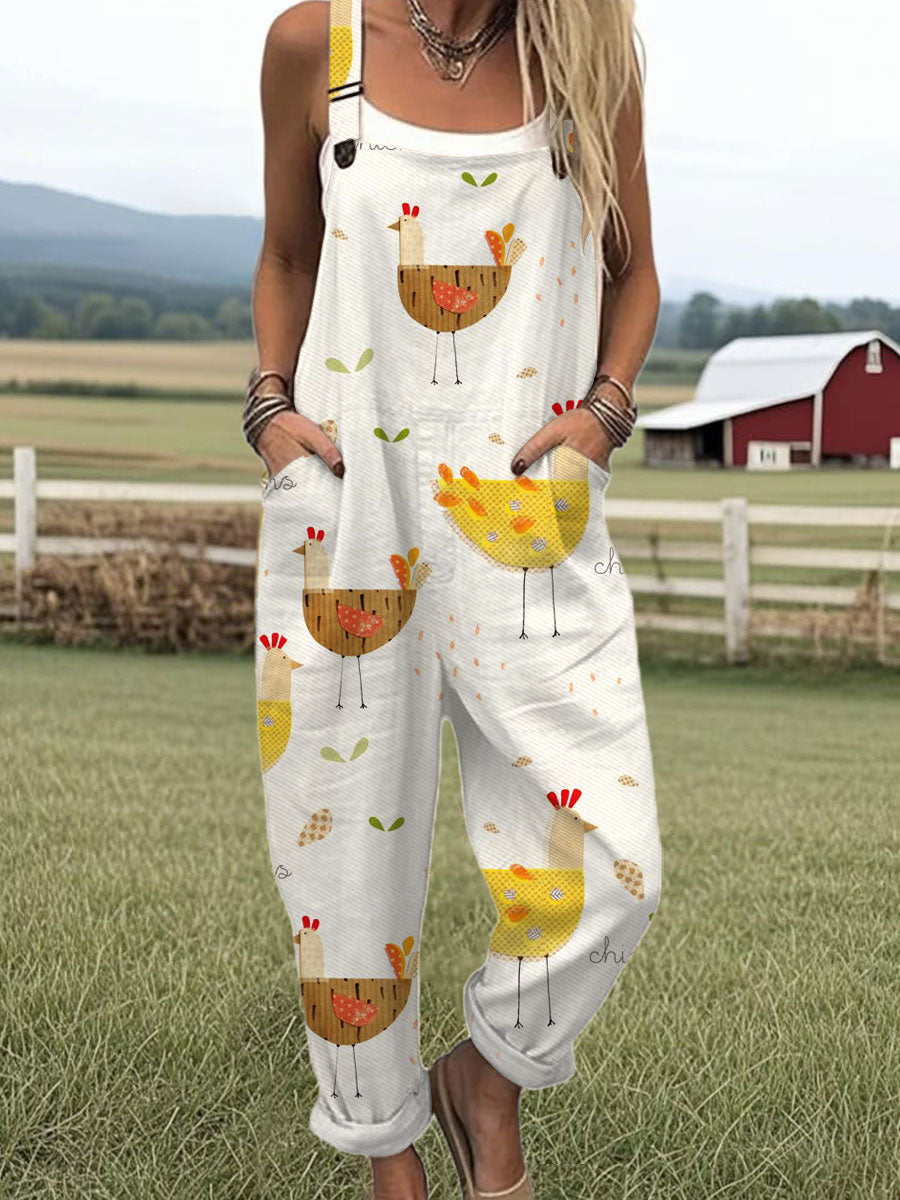 Women's  Funny Chicken Art Print Casual 100% Cotton Wide Leg Jumpsuit