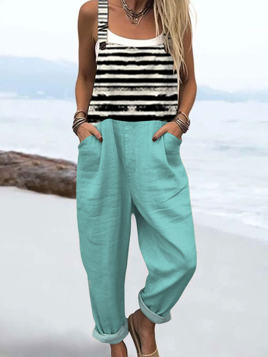 Women's Vintage Abstract Geometric Art Print Casual 100% Cotton Wide Leg Jumpsuit