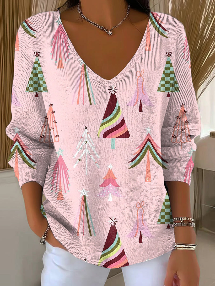 Women's Merry Christmas! Colorful Christmas Tree Painting Art Print Casual Pullover Sweater