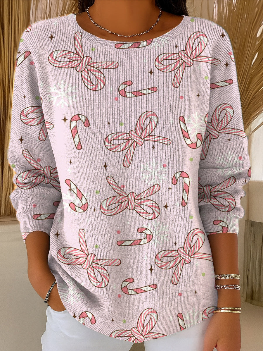 Women's Christmas Candy Bow Print Casual Pullover Sweater