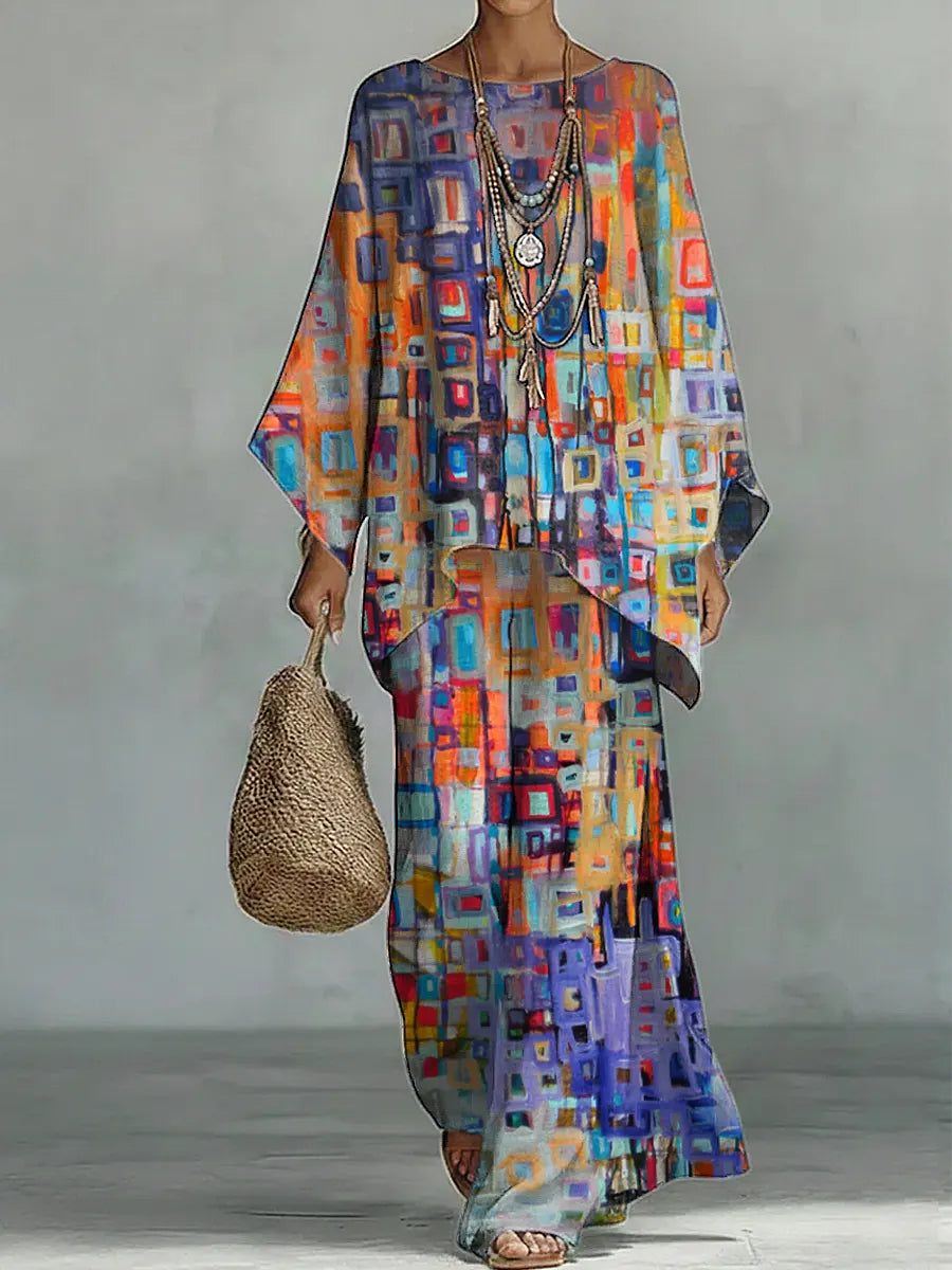 Women's Vintage Geometric Art Comfortable Loose Cotton Linen Wide-leg Pants Two-piece Set