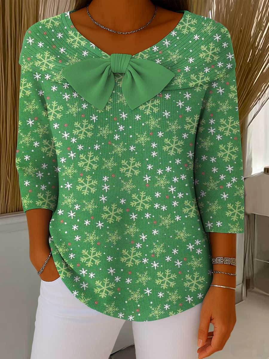 Women's Christmas Print Crew Neck 3/4 Sleeve Casual Pullover Sweater