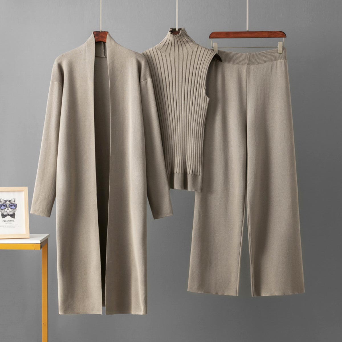 Women's Solid Color Casual Elegant Coat + Vest Sweater + Wide-leg Trouser Suit