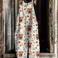Women's Lovely Highland Cow Floral Art Print Casual 100% Cotton Wide Leg Jumpsuit