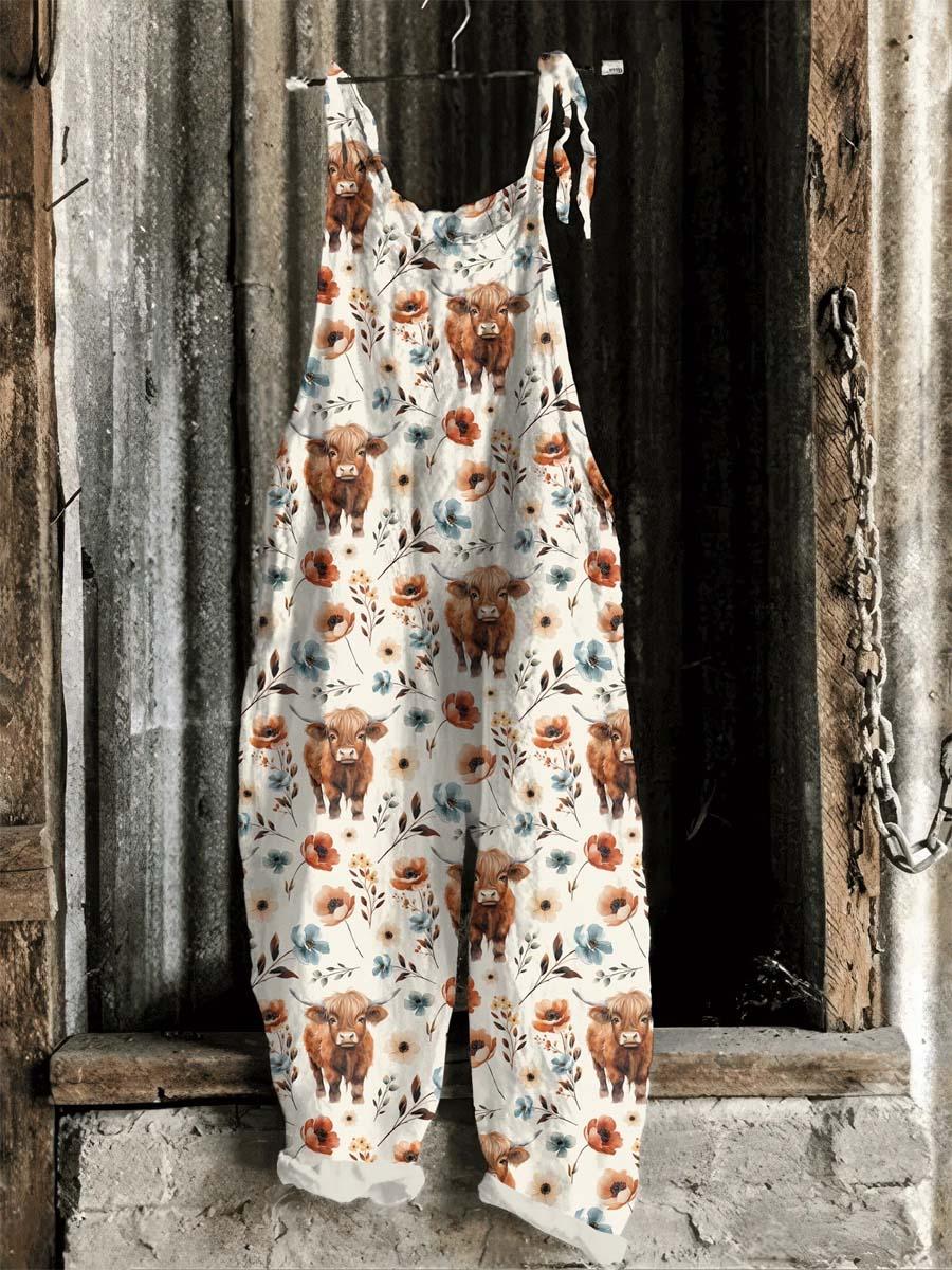 Women's Lovely Highland Cow Floral Art Print Casual 100% Cotton Wide Leg Jumpsuit