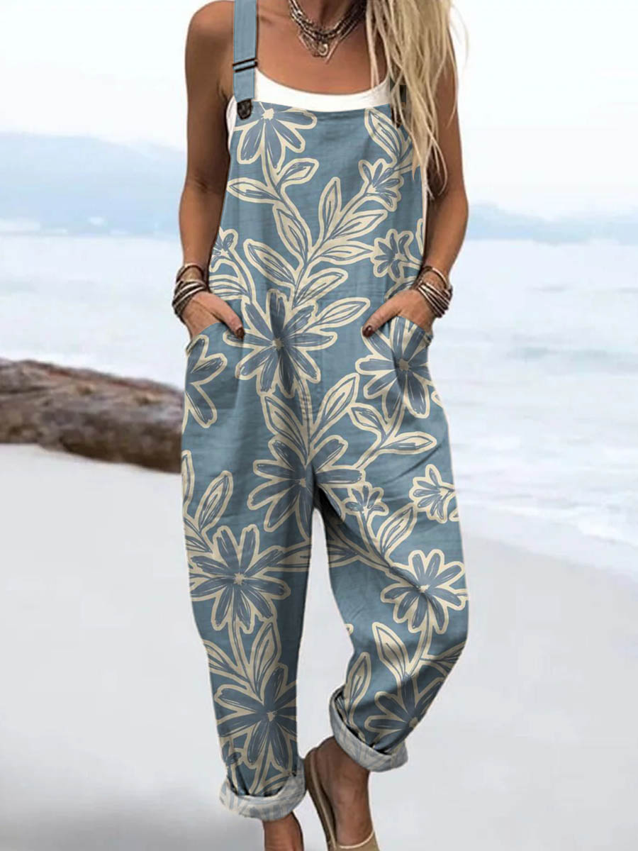 Women's Lovely Floral Art Print Casual 100% Cotton Wide Leg Jumpsuit