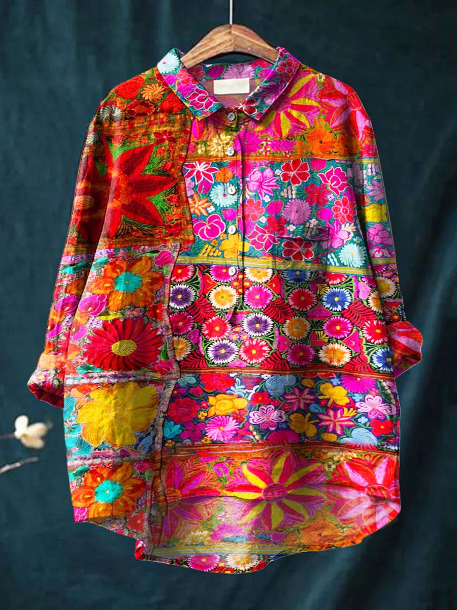 Women's Vintage Splicing Flowers Art Print Casual Cotton And Linen Shirt