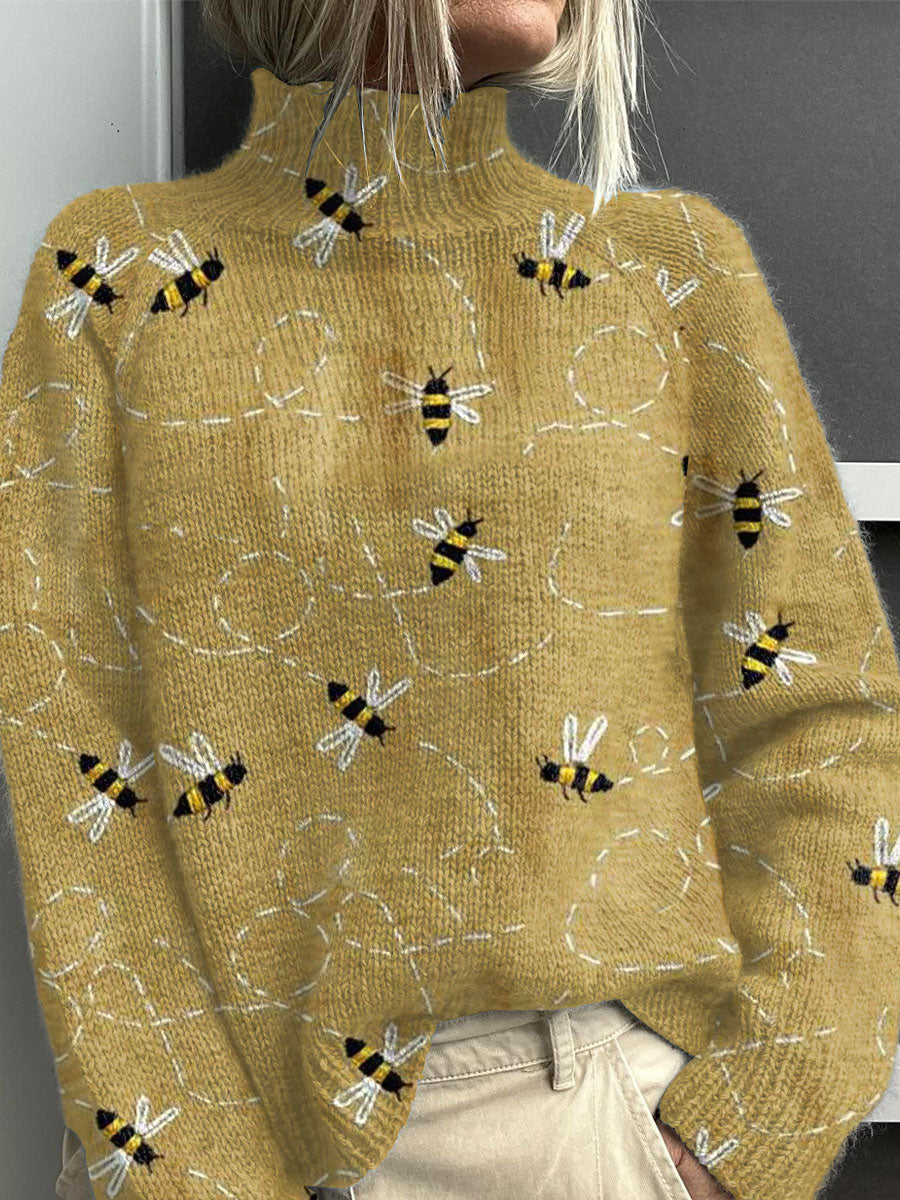 funny-bee-art-print-knit-turtleneck-pullover-sweater-uf4e