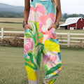 Women's  Vintage Flower Art Print Casual 100% Cotton Wide Leg Jumpsuit