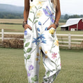 Women's Retro Art Flowers Print Casual 100% Cotton Wide Leg Jumpsuit