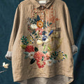 Women's Vintage Ethnic Floral Art Print Casual Cotton And Linen Shirt