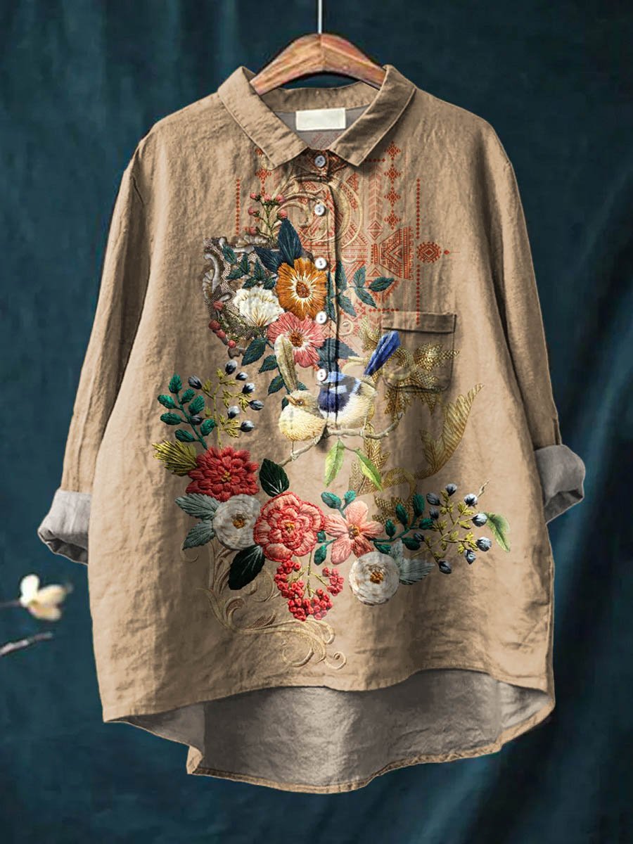 Women's Vintage Ethnic Floral Art Print Casual Cotton And Linen Shirt