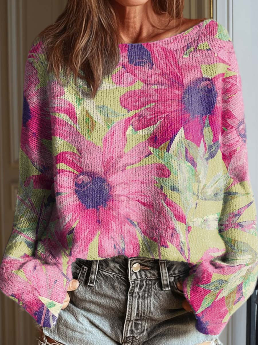 Women's Vintage Art Watercolor Flower Casual Pullover Sweater