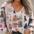 geometric-cat-flower-pink-print-buttoned-v-neck-cardigan-sweater