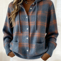 Vintage Soft Check Contrast Hooded Button Knit Cardigan Sweater with Front Pockets