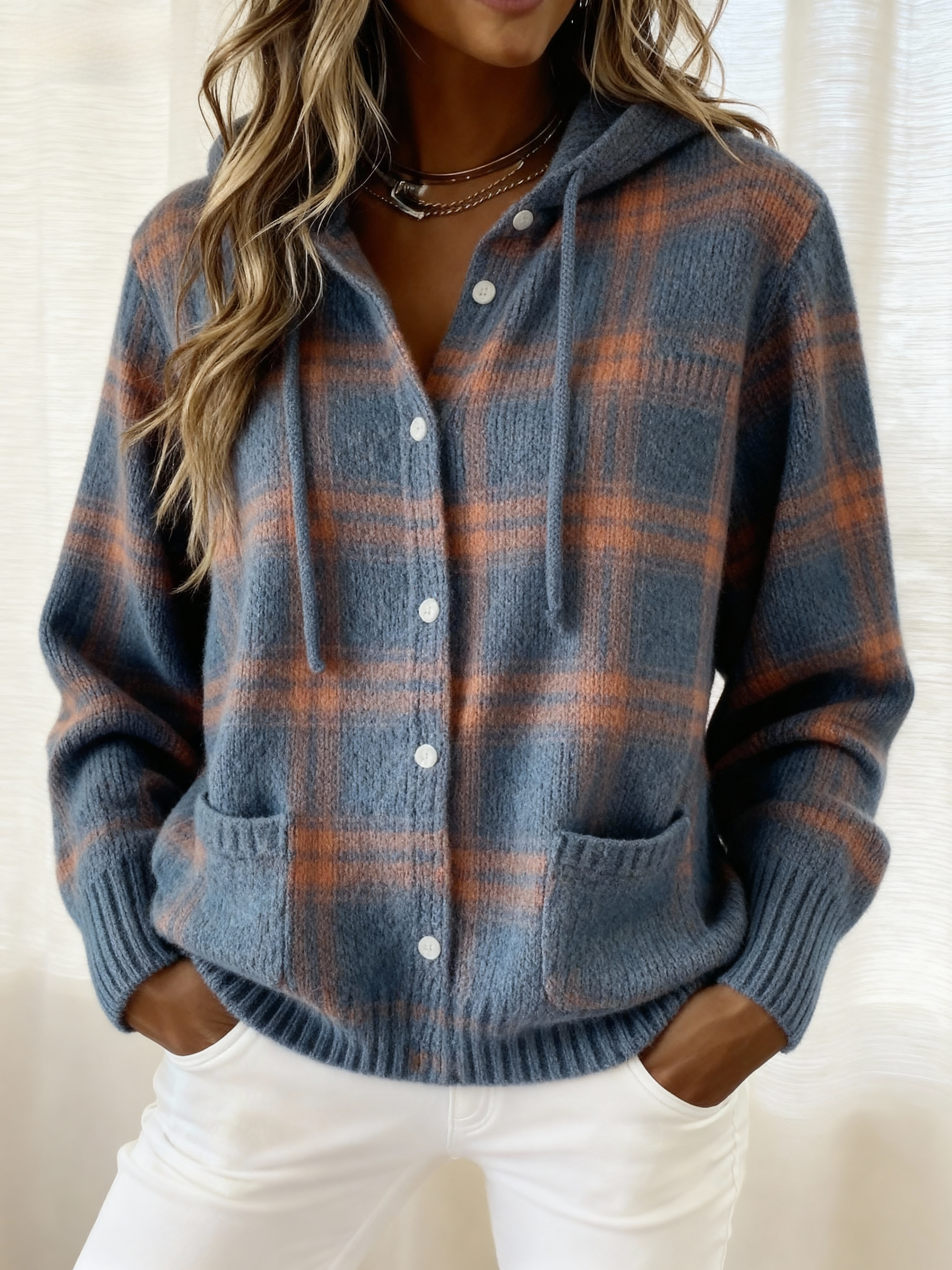 Vintage Soft Check Contrast Hooded Button Knit Cardigan Sweater with Front Pockets