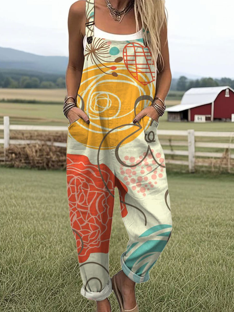 Women's  Vintage Flower Art Print Casual 100% Cotton Wide Leg Jumpsuit