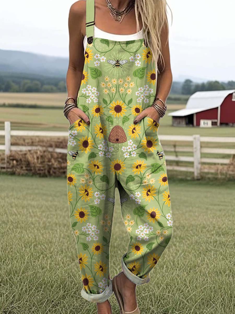 Women's Lovely Floral Art Print Casual 100% Cotton Wide Leg Jumpsuit
