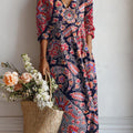 Damen-Kleid mit Vintage-Blumenmuster, lässigem Baumwoll-Leinen-Mischgewebe und Taschen 