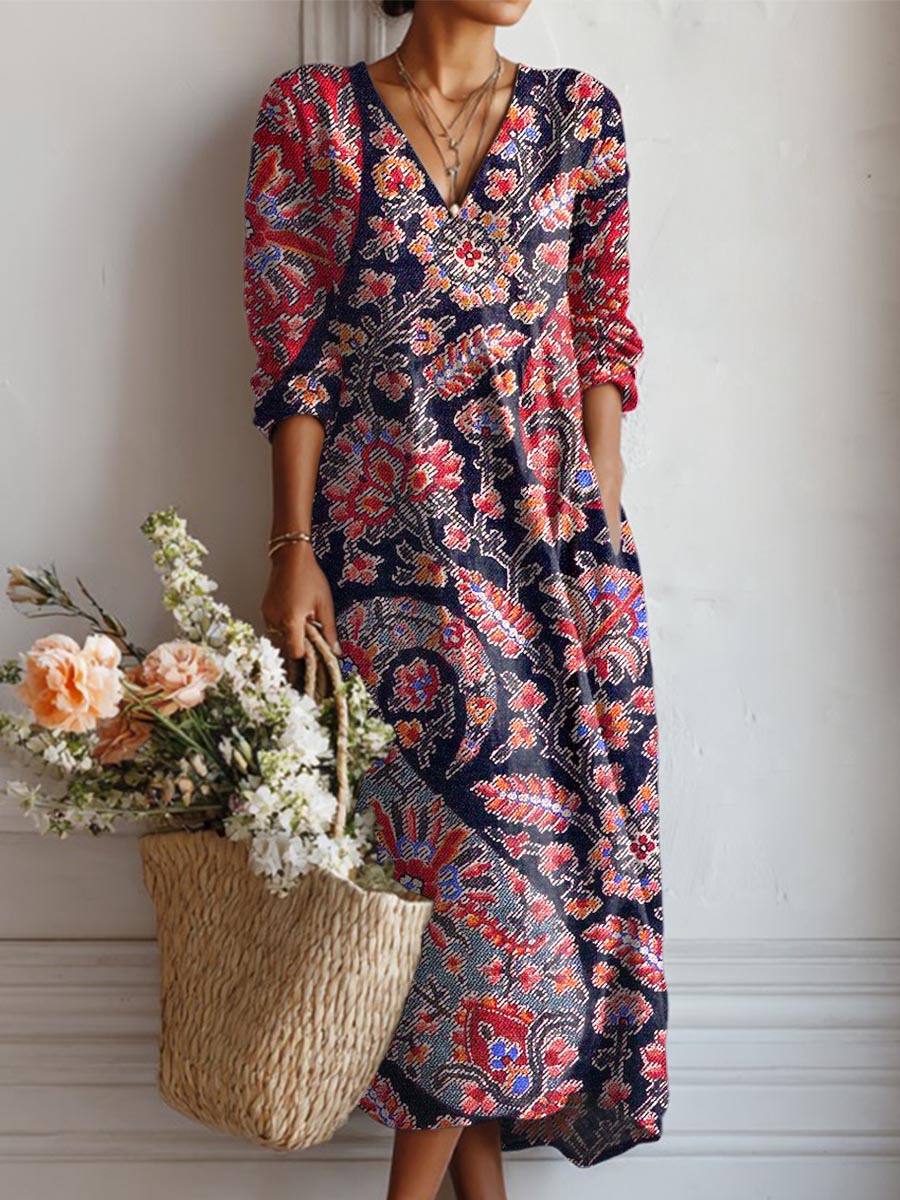 Women's Vintage Floral Art Print Casual Cotton Linen Pocket Dress