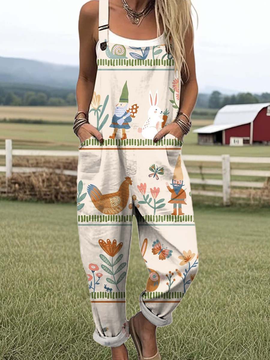 Women's Cartoon Art Character Chick Print Casual 100% Cotton Wide Leg Jumpsuit