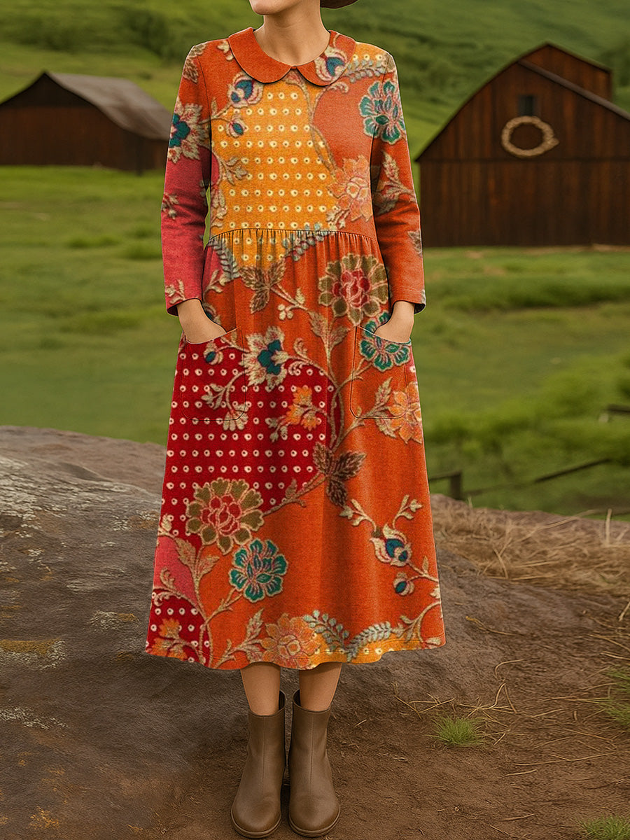 Women's Ethnic Floral Art Print Cotton Lapel Button-Down Shirt Dress