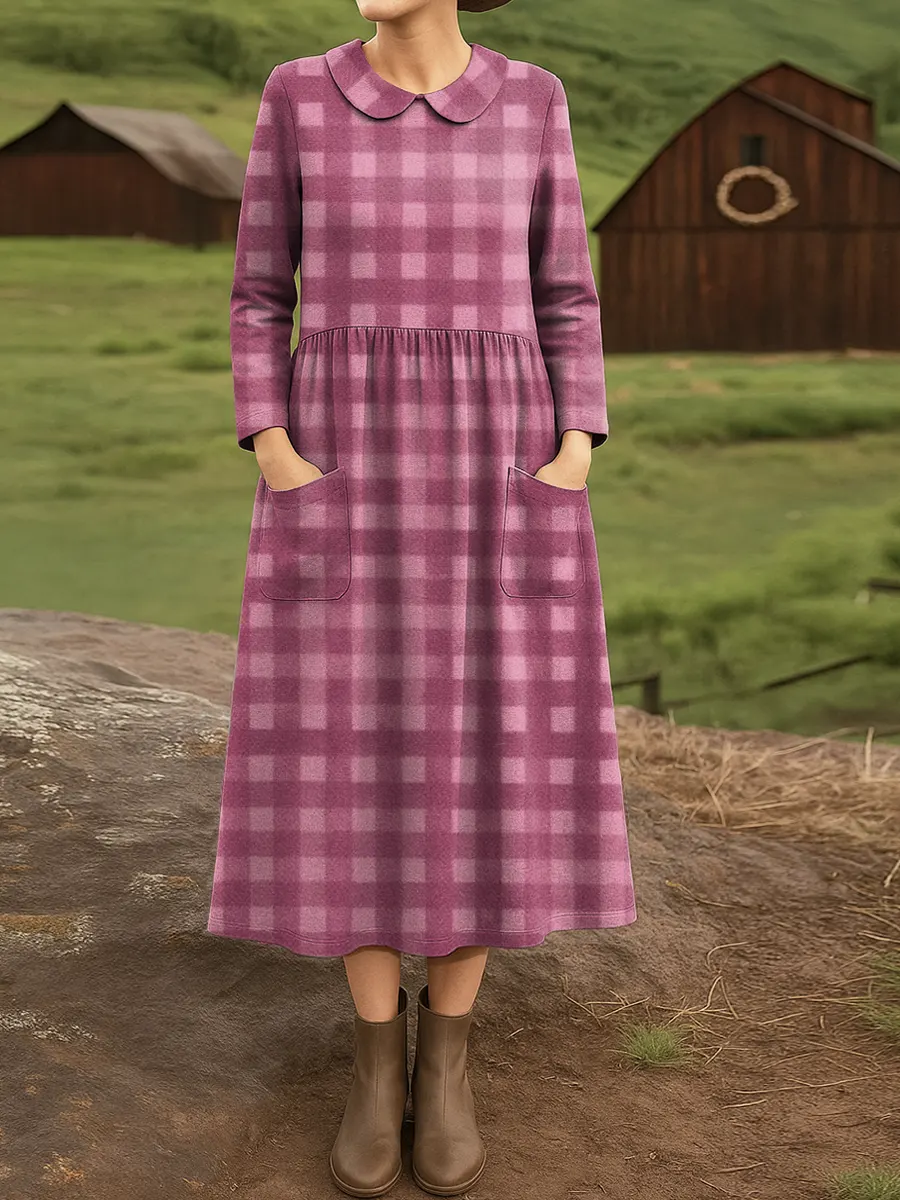 Women's Vintage Plaid Pattern Art Print Casual Cotton Dress