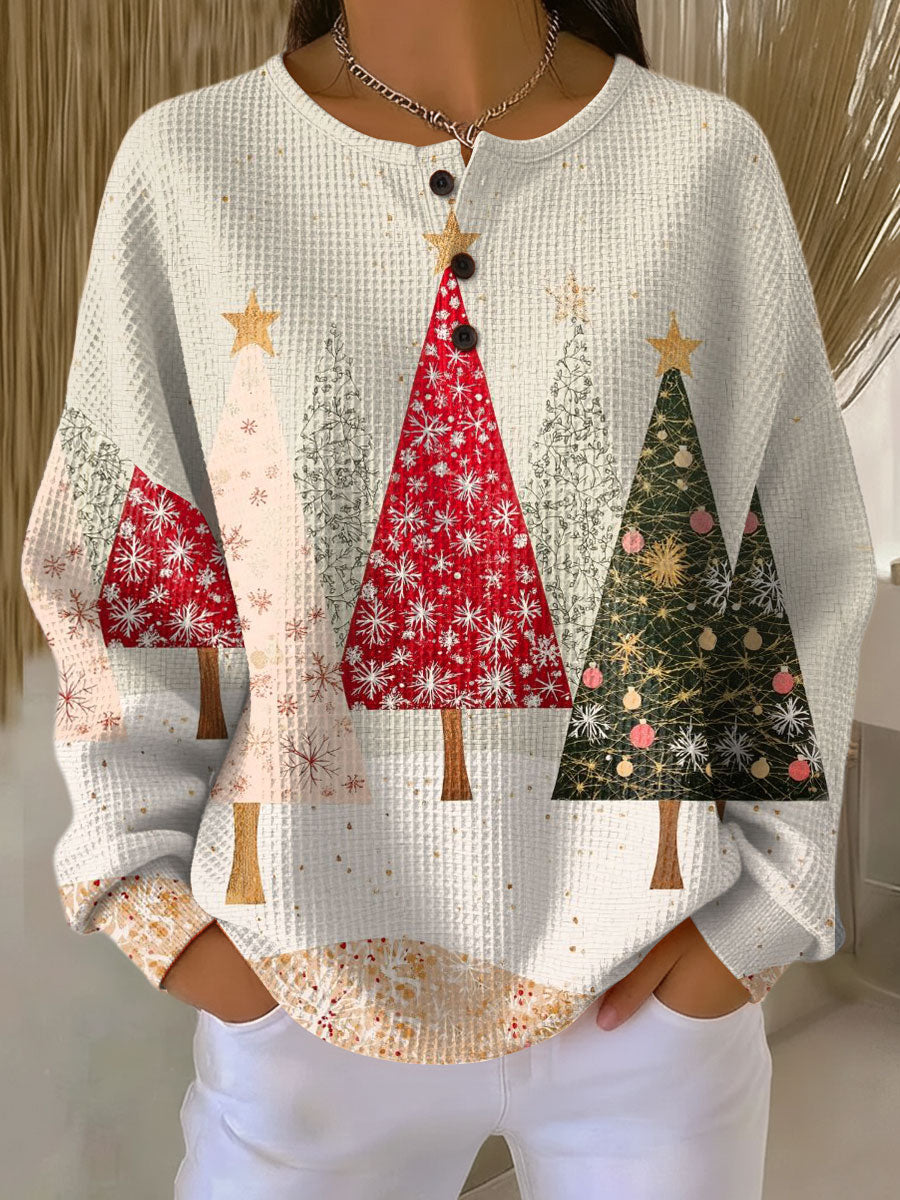 Women's  Vintage Christmas Tree Art Print Casual Cotton Sweatshirt