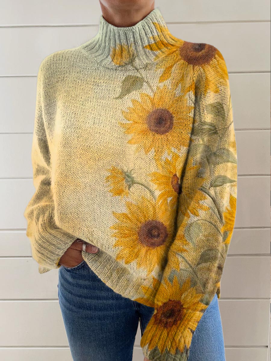 womens-lovely-sunflowers-pattern-art-print-knit-turtleneck-pullover-sweater