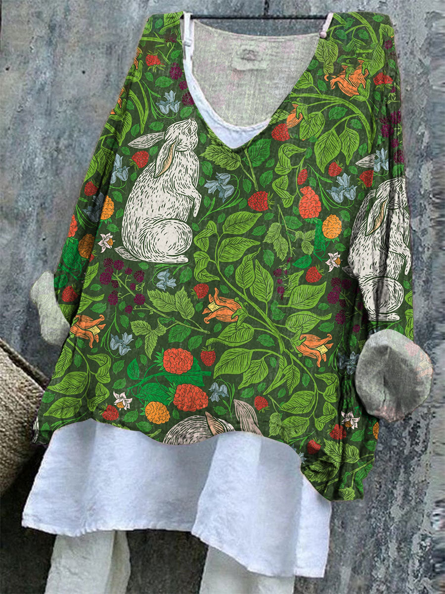 Women's   Easter Bunny Art Print Casual Cotton And Linen Shirt