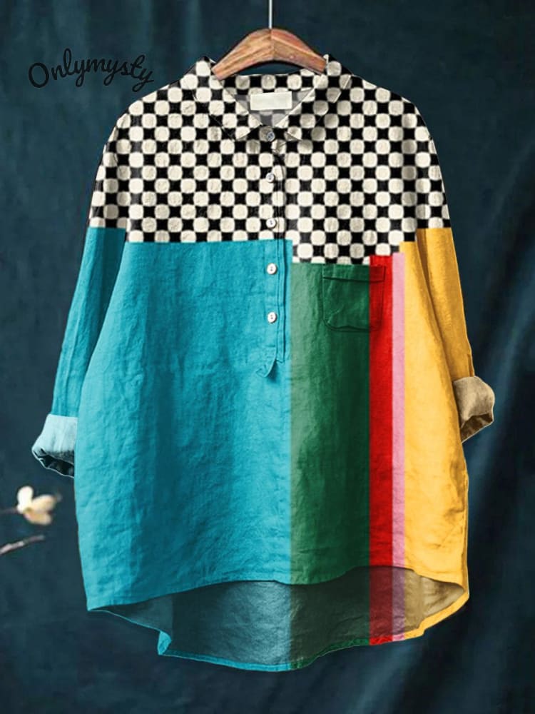 Women's Retro Poster  Art  Print Casual Cotton And Linen Shirt