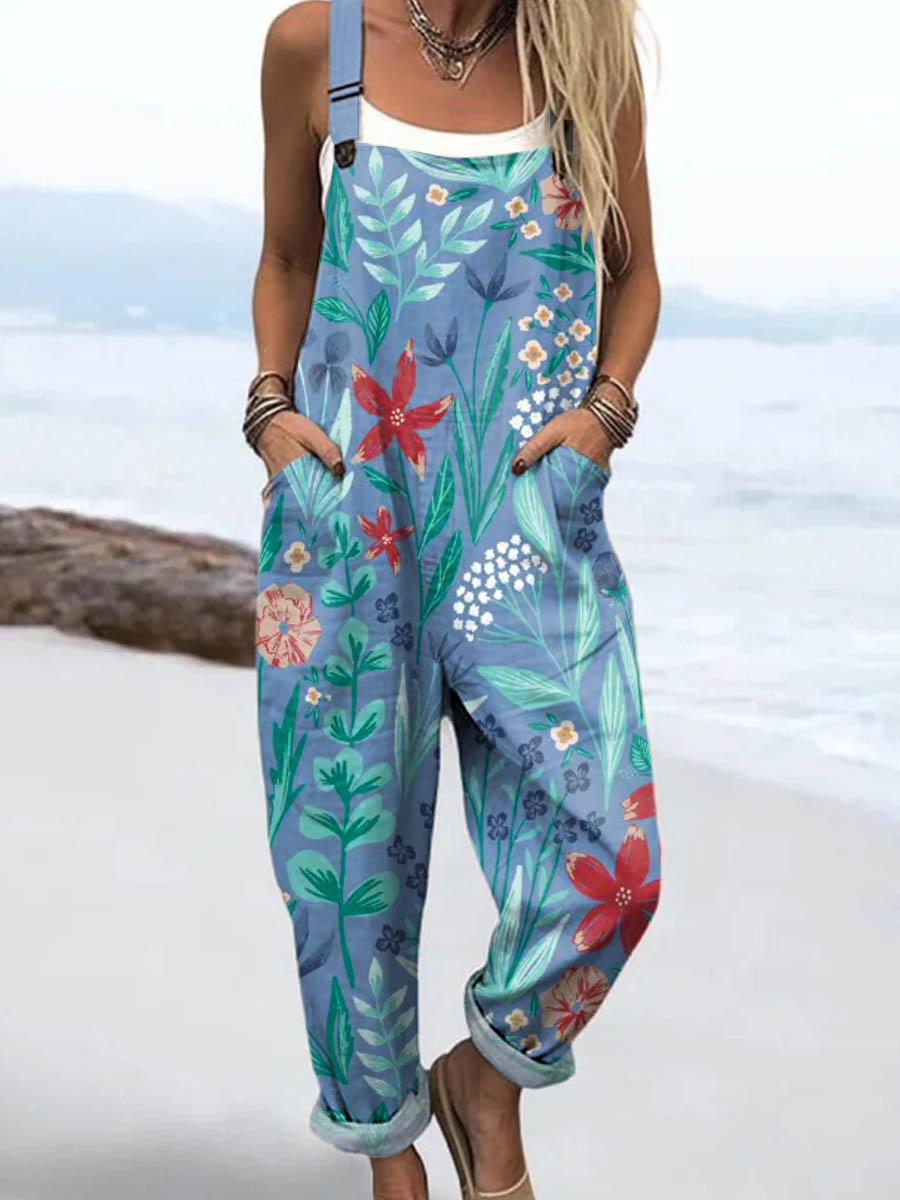 Women's Vintage Floral Pattern Art Print Casual 100% Cotton Wide Leg Jumpsuit
