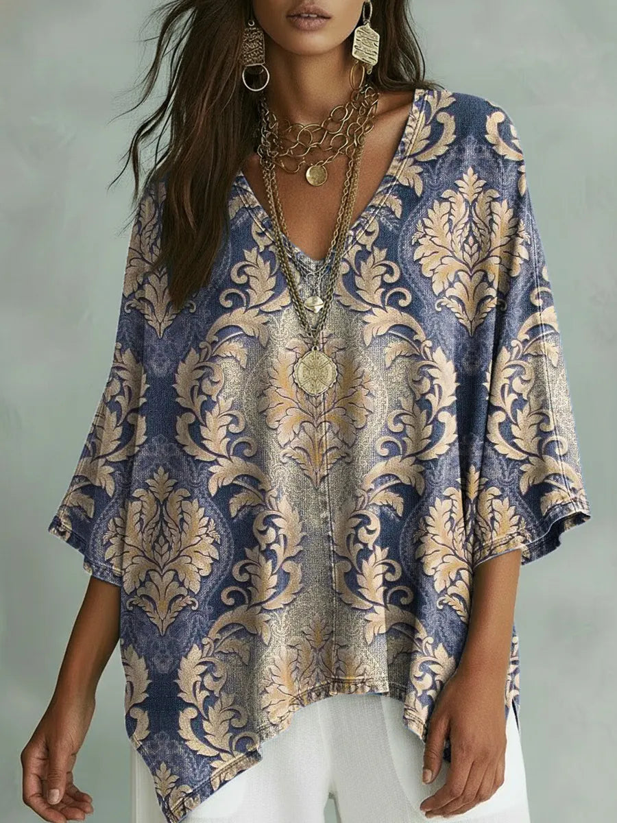 Women's Vintage Floral Art Print Casual Bat Sleeve Denim Shirt