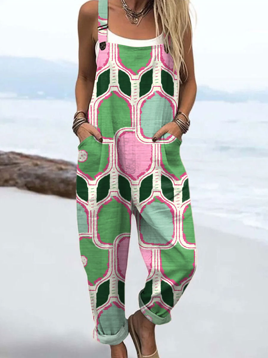 Women's  Vintage Abstract Geometric Art Print Casual 100% Cotton Wide Leg Jumpsuit